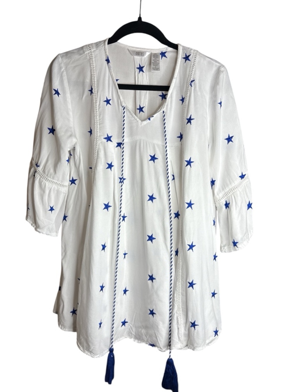 Bright White Star-Print Peasant Tunic with Blue Tassels